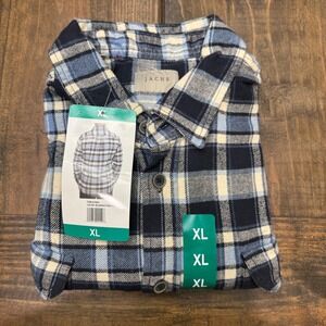 Jachs NY Mens XL Flannel Shirt Blue Navy White Plaid Long Sleeve Button Down NEW